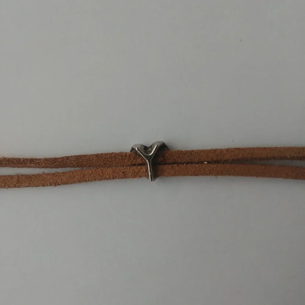 Y2K Brown leather double strand short necklace choker silver heart - Picture 4 of 9